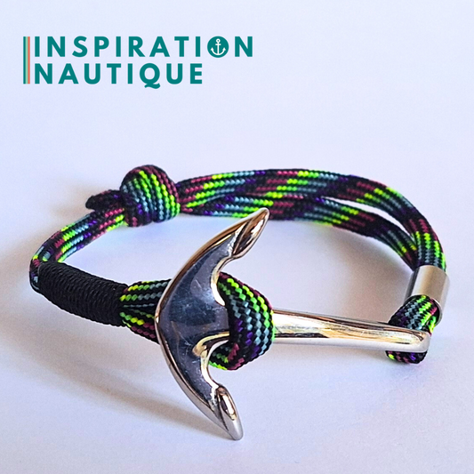 Bracelet marin avec ancre en paracorde 550 et acier inoxydable, ajustable, Noir et fluo ligné, Surliure noire, Medium