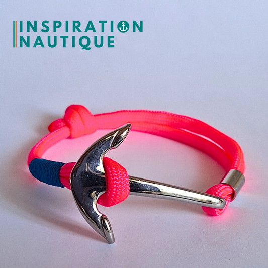 Bracelet marin avec ancre en paracorde 550 et acier inoxydable, ajustable, Rose fluo, Surliure bleue, Medium