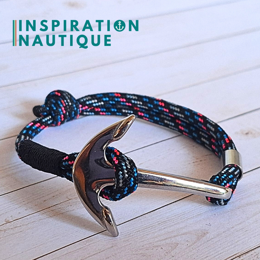 Ready to go | Marine bracelet with anchor for men or women in 550 paracord and stainless steel, adjustable, Caribbean Blue, Black binding, Medium