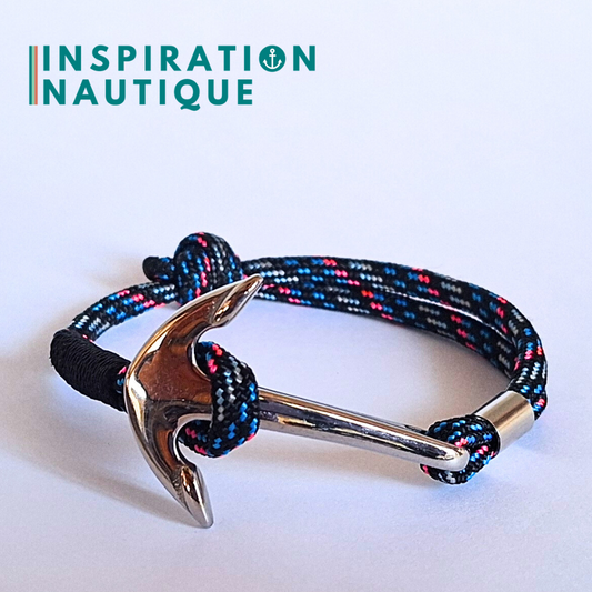 Ready to go | Marine bracelet with anchor for men or women in 550 paracord and stainless steel, adjustable, Caribbean Blue, Black binding, Medium