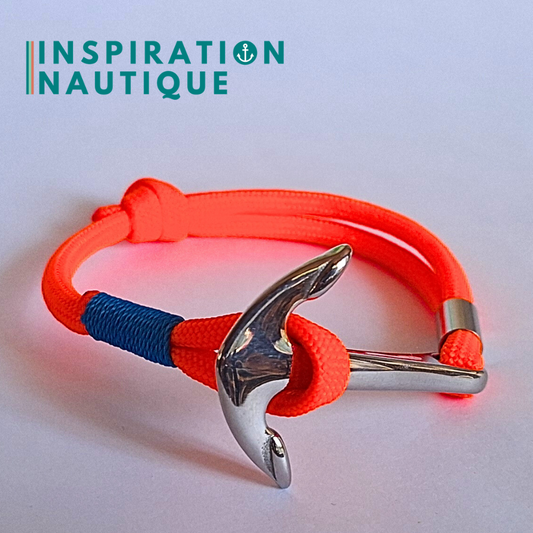 Bracelet marin avec ancre en paracorde 550 et acier inoxydable, ajustable, Orange fluo, Surliure bleue, Medium