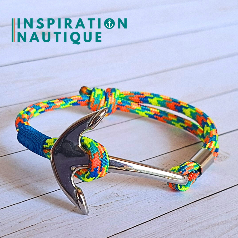 Ready to go | Marine bracelet with anchor for men or women in 550 paracord and stainless steel, adjustable, Caribbean Blue, Black binding, Medium