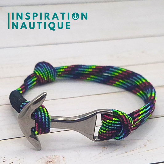 Bracelet marin avec ancre moyenne en paracorde 550 et acier inoxydable, ajustable, Noir et fluo ligné