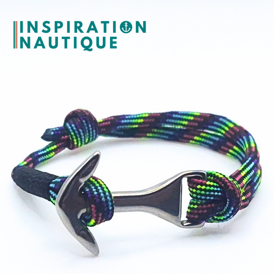 Bracelet marin avec ancre moyenne en paracorde 550 et acier inoxydable, ajustable, Noir et fluo ligné, surliure Noire, Medium