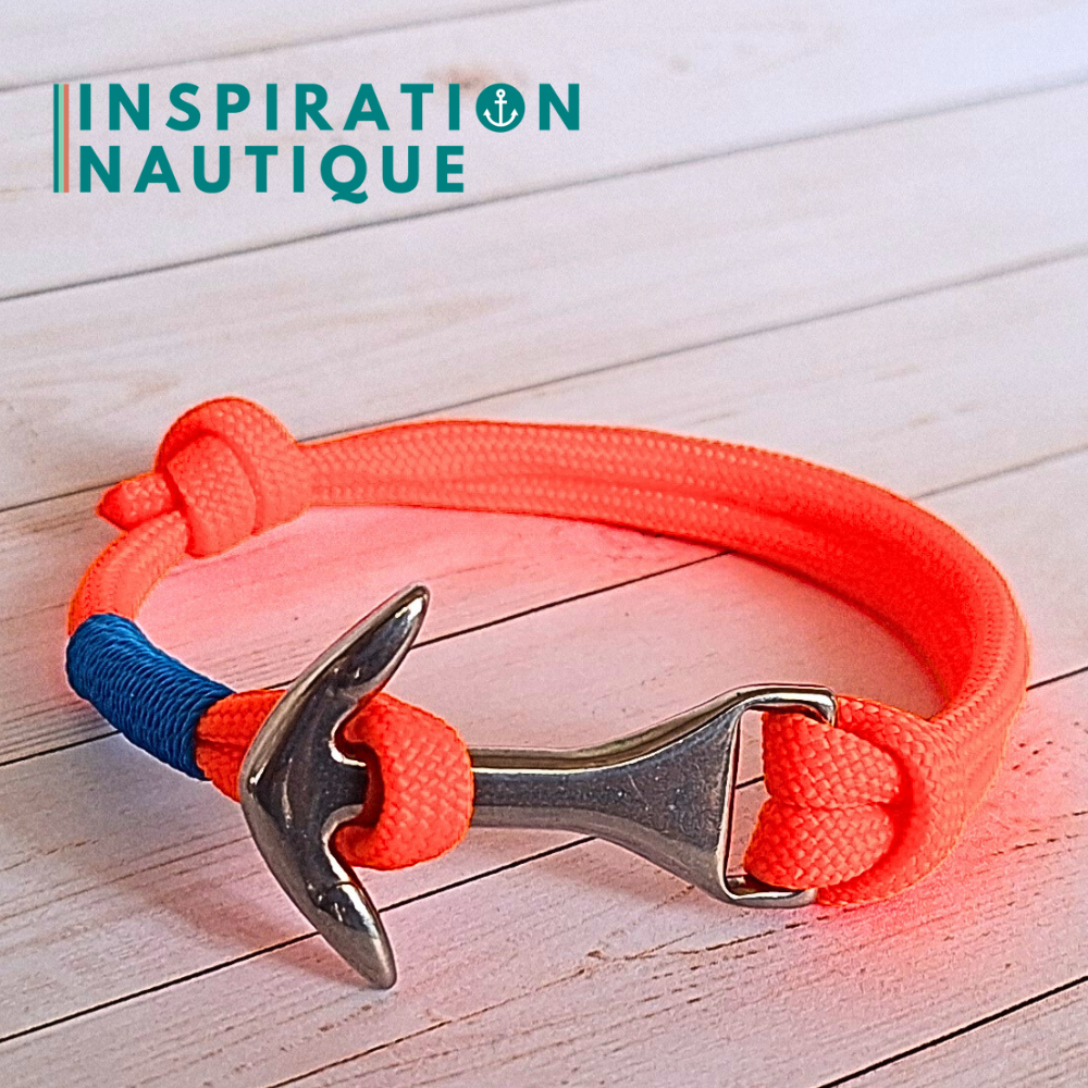 Bracelet marin avec ancre moyenne en paracorde 550 et acier inoxydable, ajustable, Orange fluo, surliure bleue, Medium