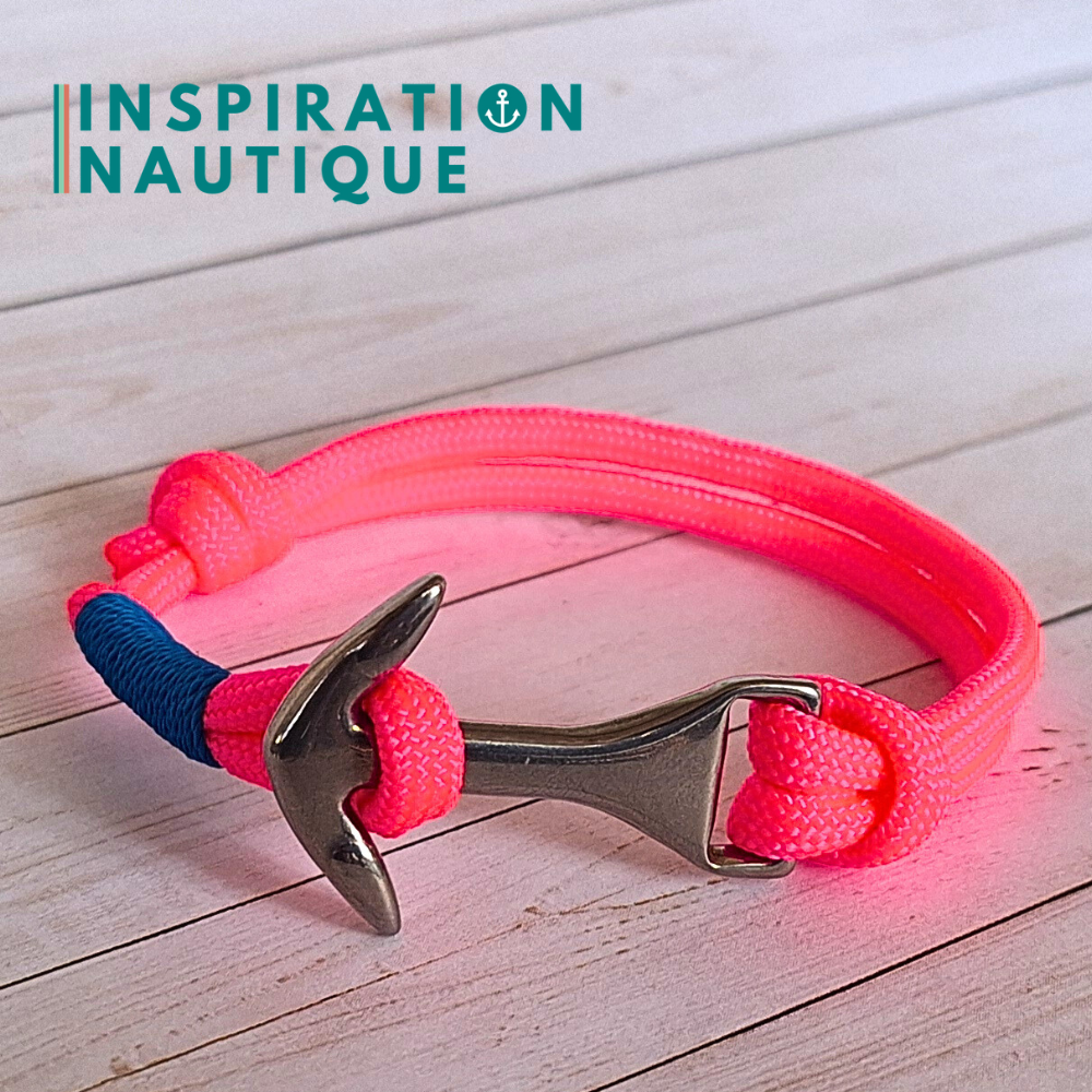 Bracelet marin avec ancre moyenne en paracorde 550 et acier inoxydable, ajustable, Rose fluo, surliure bleue, Medium