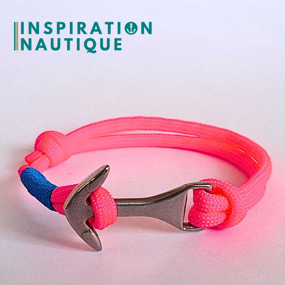 Bracelet marin avec ancre moyenne en paracorde 550 et acier inoxydable, ajustable, Rose fluo, surliure bleue, Medium