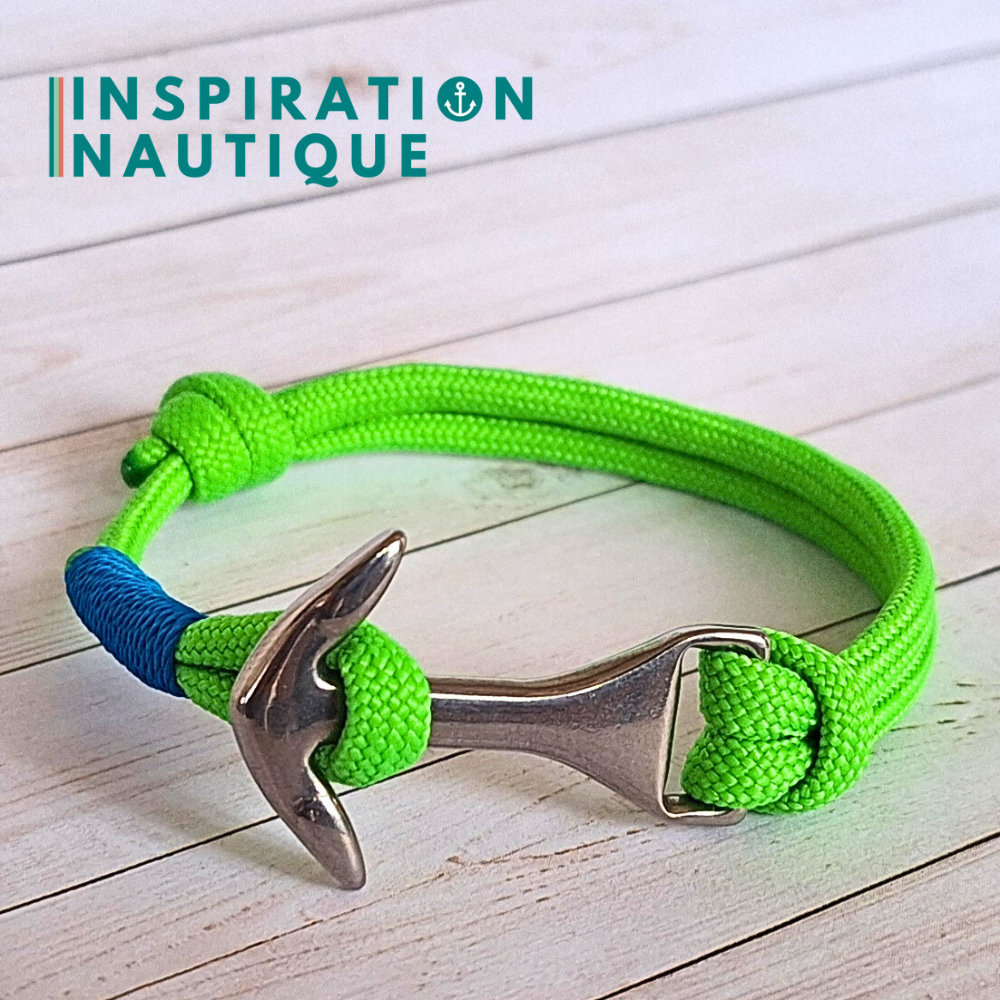 Bracelet marin avec ancre moyenne en paracorde 550 et acier inoxydable, ajustable, Vert fluo