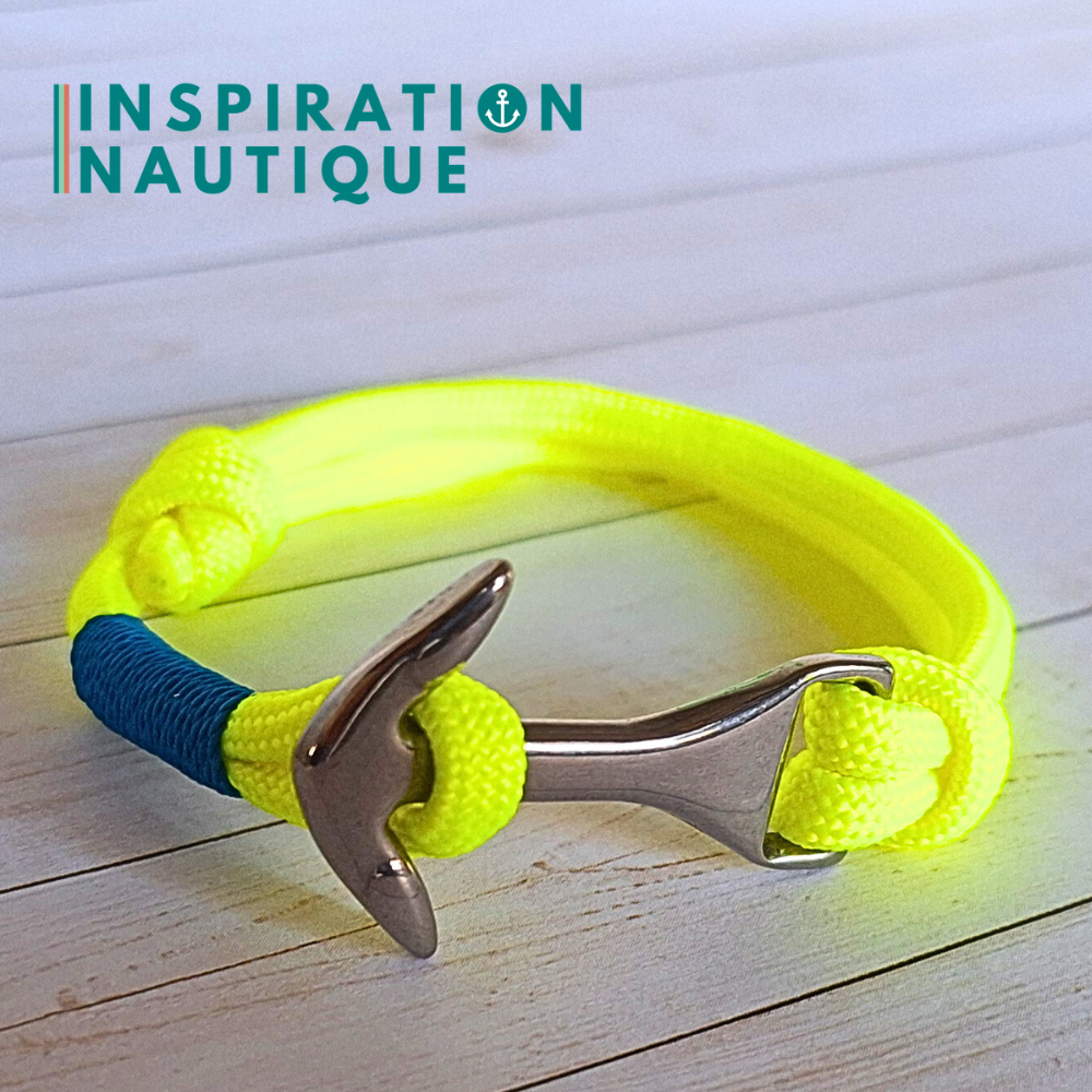 Bracelet marin avec ancre moyenne en paracorde 550 et acier inoxydable, ajustable, Jaune fluo, surliure bleue, Medium