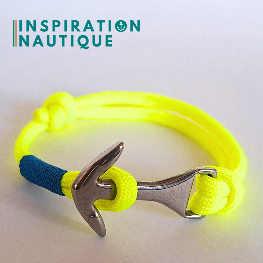 Bracelet marin avec ancre moyenne en paracorde 550 et acier inoxydable, ajustable, Jaune fluo, surliure bleue, Medium