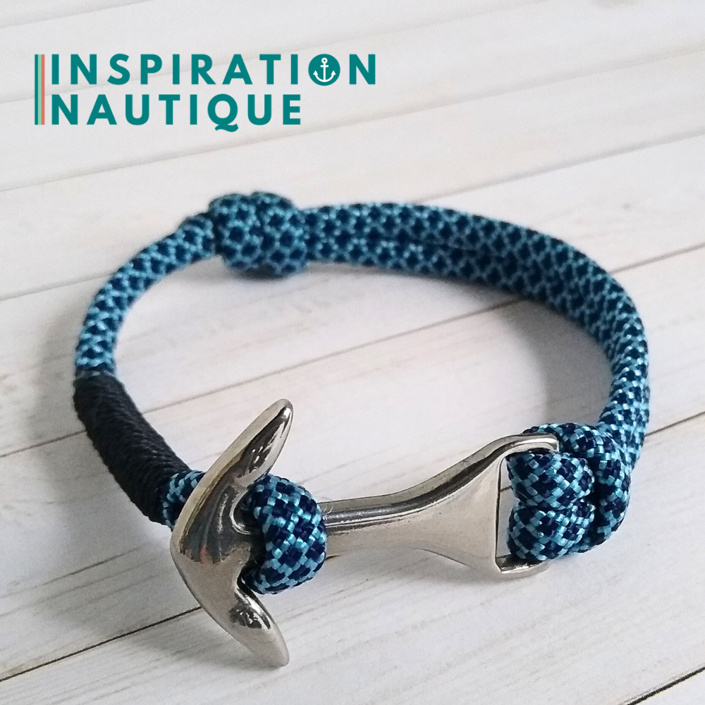 Bracelet marin avec ancre moyenne en paracorde 550 et acier inoxydable, ajustable, Bleu pâle et marine diamants, surliure marine, Medium