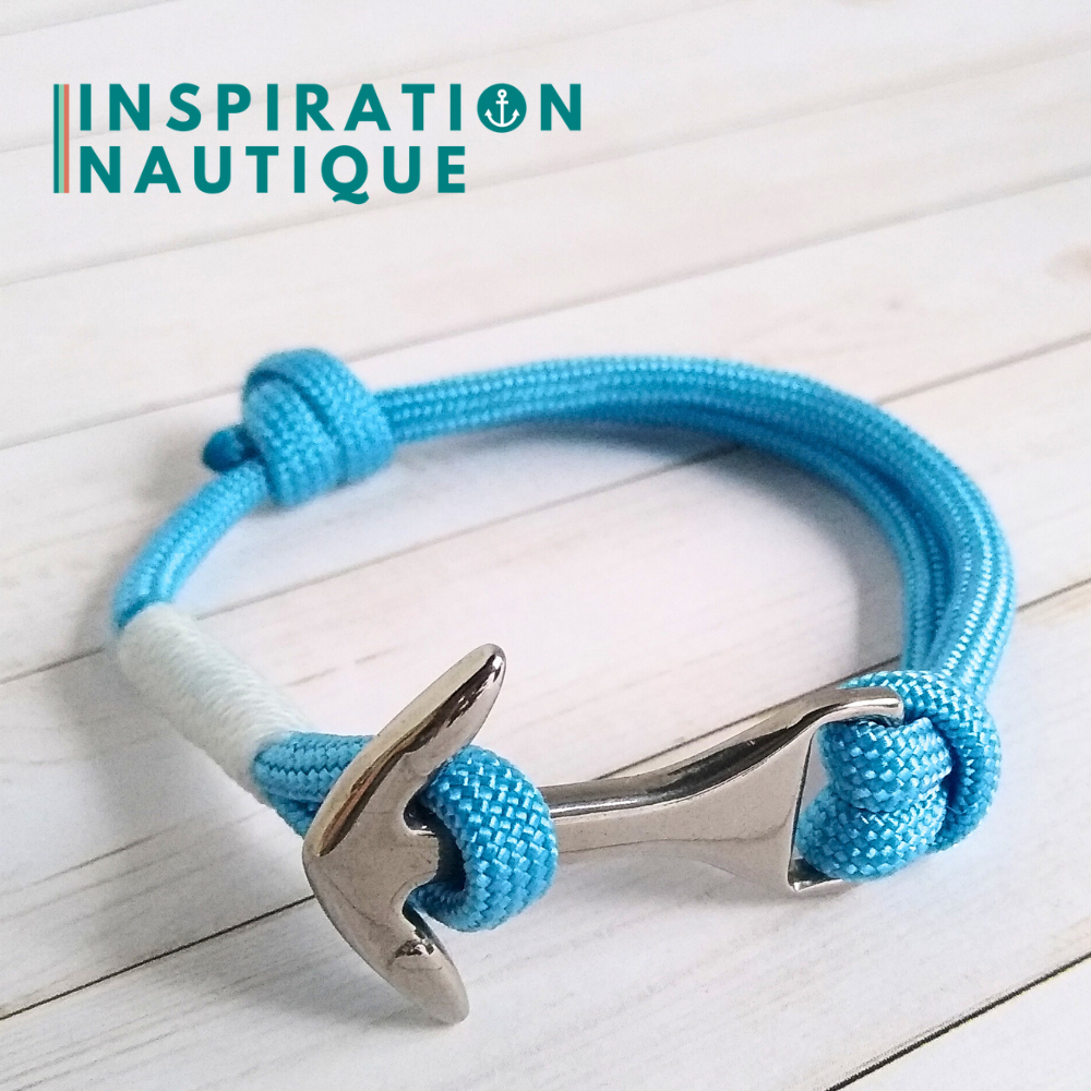 Bracelet marin avec ancre moyenne en paracorde 550 et acier inoxydable, ajustable, Bleu pâle, surliure blanche, Medium