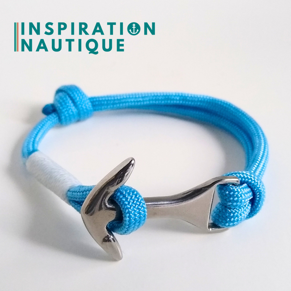 Bracelet marin avec ancre moyenne en paracorde 550 et acier inoxydable, ajustable, Bleu pâle, surliure blanche, Medium