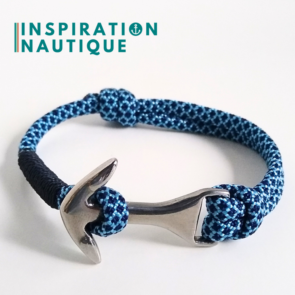 Bracelet marin avec ancre moyenne en paracorde 550 et acier inoxydable, ajustable, Bleu pâle et marine diamants, surliure marine, Medium