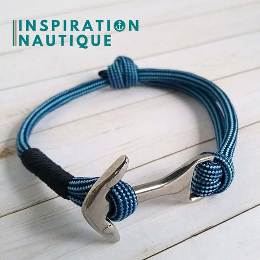 Bracelet marin avec ancre moyenne en paracorde 550 et acier inoxydable, ajustable, Bleu pâle et marine ligné