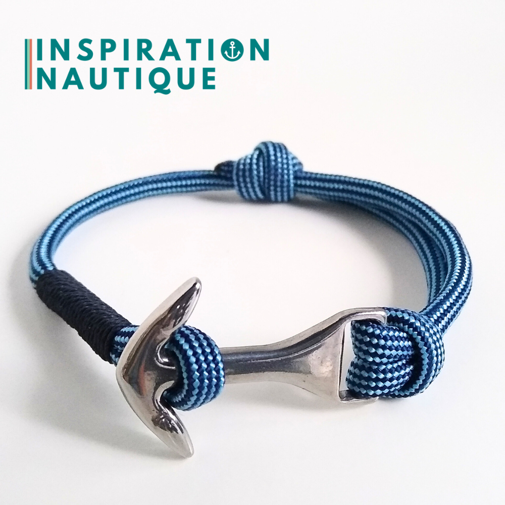 Bracelet marin avec ancre moyenne en paracorde 550 et acier inoxydable, ajustable, Bleu pâle et marine ligné, surliure marine, Medium