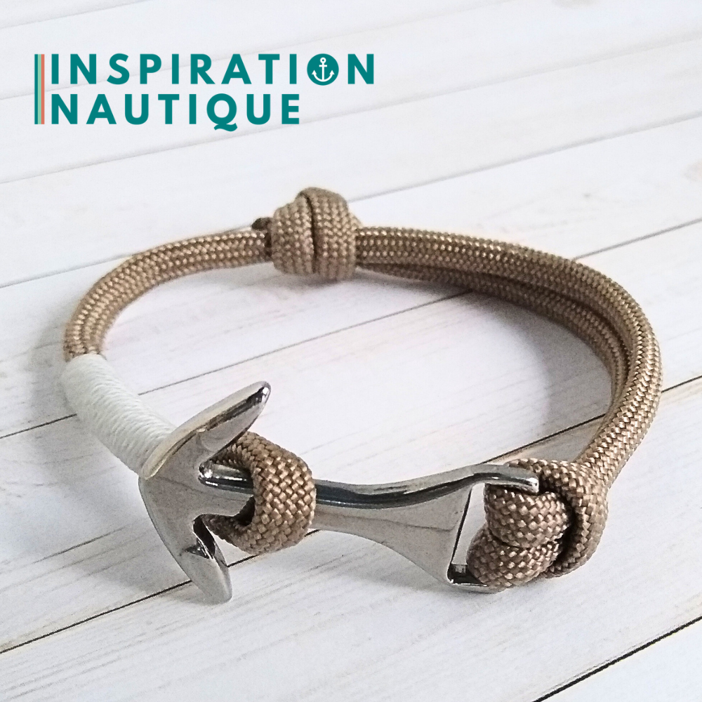 Bracelet marin avec ancre moyenne en paracorde 550 et acier inoxydable, ajustable, Sable, surliure blanche, Medium