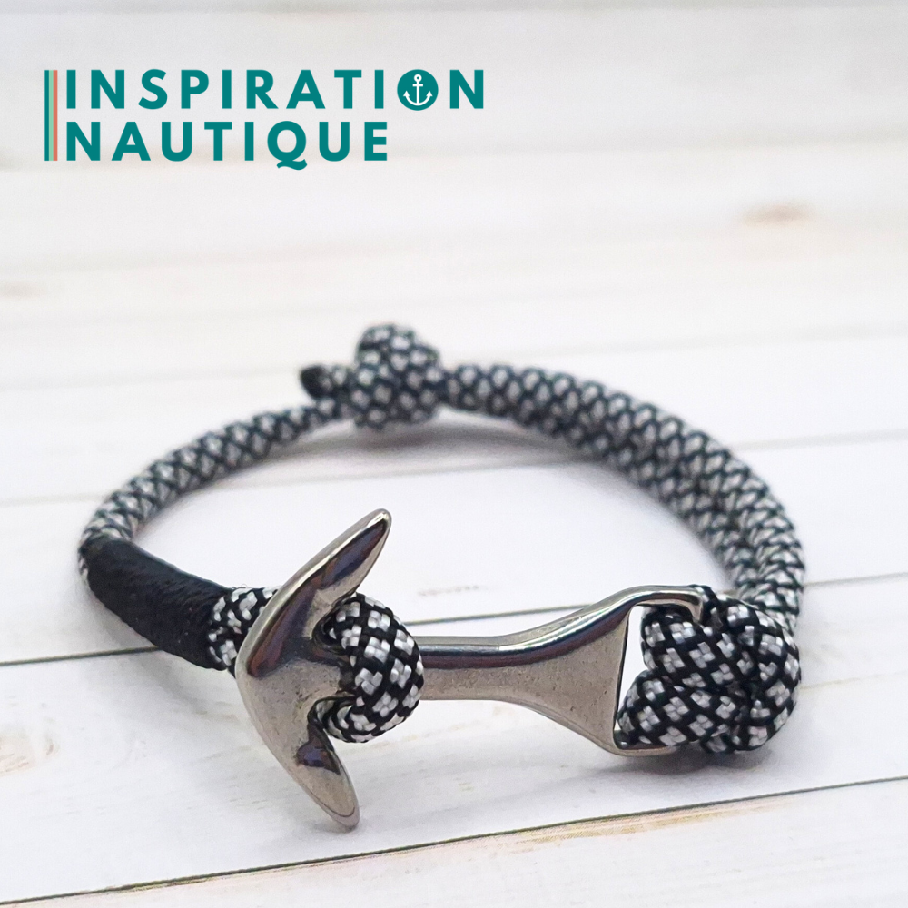 Bracelet marin avec ancre moyenne en paracorde 550 et acier inoxydable, ajustable, Noir et argenté diamants