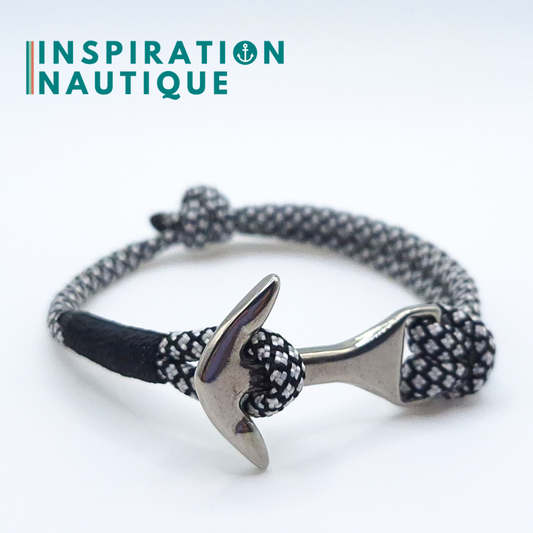 Bracelet marin avec ancre moyenne en paracorde 550 et acier inoxydable, ajustable, Noir et argenté diamants, surliure noire, Medium