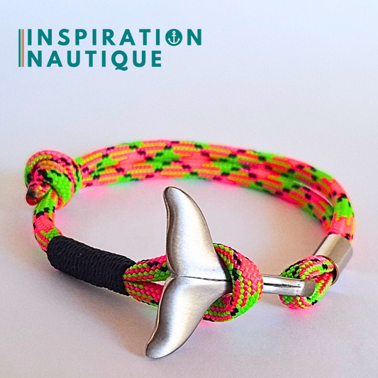 Bracelet marin avec queue de baleine en paracorde 550 et acier inoxydable, ajustable, Melon d'eau, surliure noire, Medium