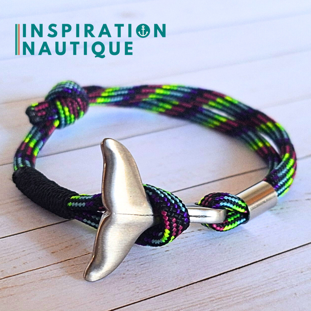 Bracelet marin avec queue de baleine en paracorde 550 et acier inoxydable, ajustable, Noir et fluo ligné, surliure noire, Medium