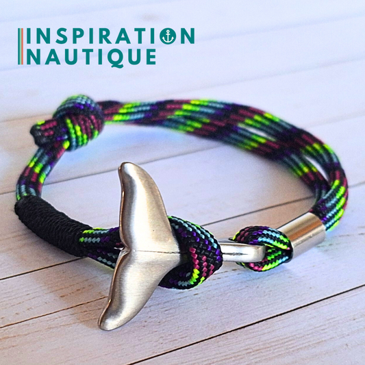 Bracelet marin avec queue de baleine en paracorde 550 et acier inoxydable, ajustable, Noir et fluo ligné