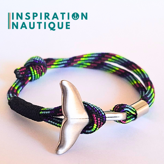 Bracelet marin avec queue de baleine en paracorde 550 et acier inoxydable, ajustable, Noir et fluo ligné, surliure noire, Medium