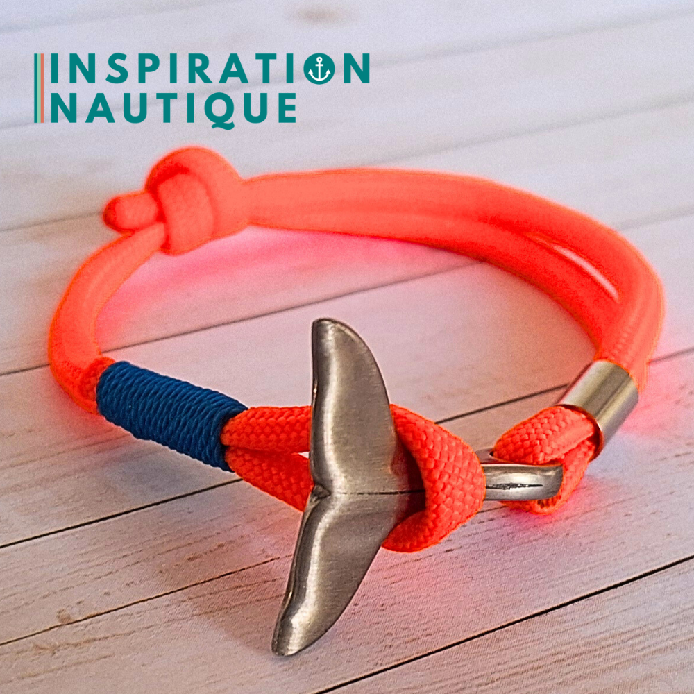 Bracelet marin avec queue de baleine en paracorde 550 et acier inoxydable, ajustable, Orange fluo, surliure bleue, Medium