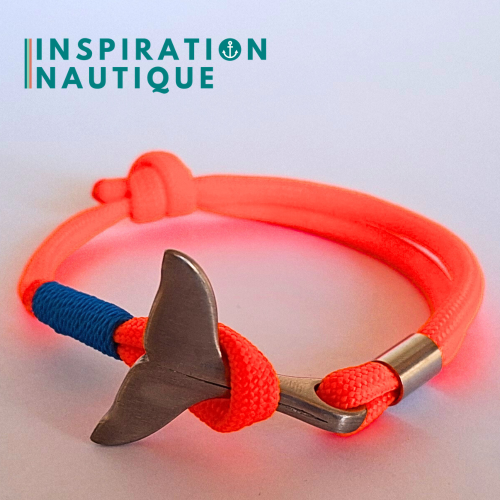 Bracelet marin avec queue de baleine en paracorde 550 et acier inoxydable, ajustable, Orange fluo, surliure bleue, Medium