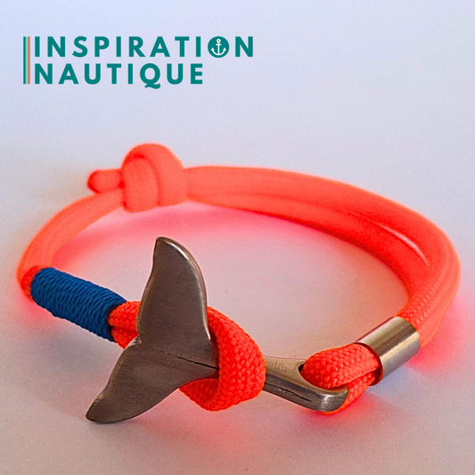 Bracelet marin avec queue de baleine en paracorde 550 et acier inoxydable, ajustable, Orange fluo, surliure bleue, Medium