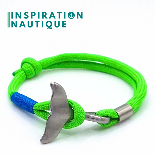 Bracelet marin avec queue de baleine en paracorde 550 et acier inoxydable, ajustable, Vert fluo, surliure bleue, Medium