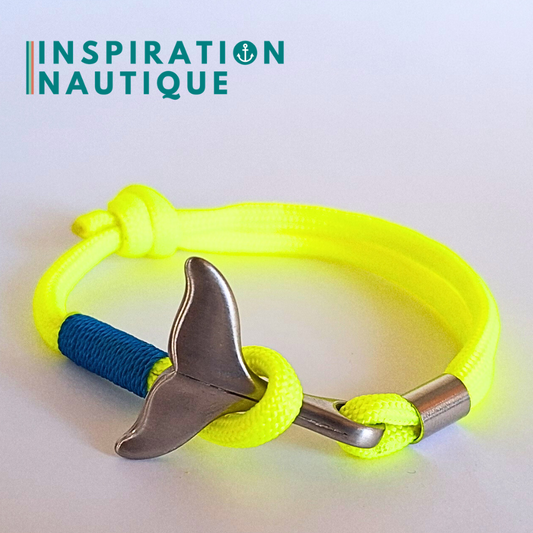 Bracelet marin avec queue de baleine en paracorde 550 et acier inoxydable, ajustable, Jaune fluo, surliure bleue, Medium