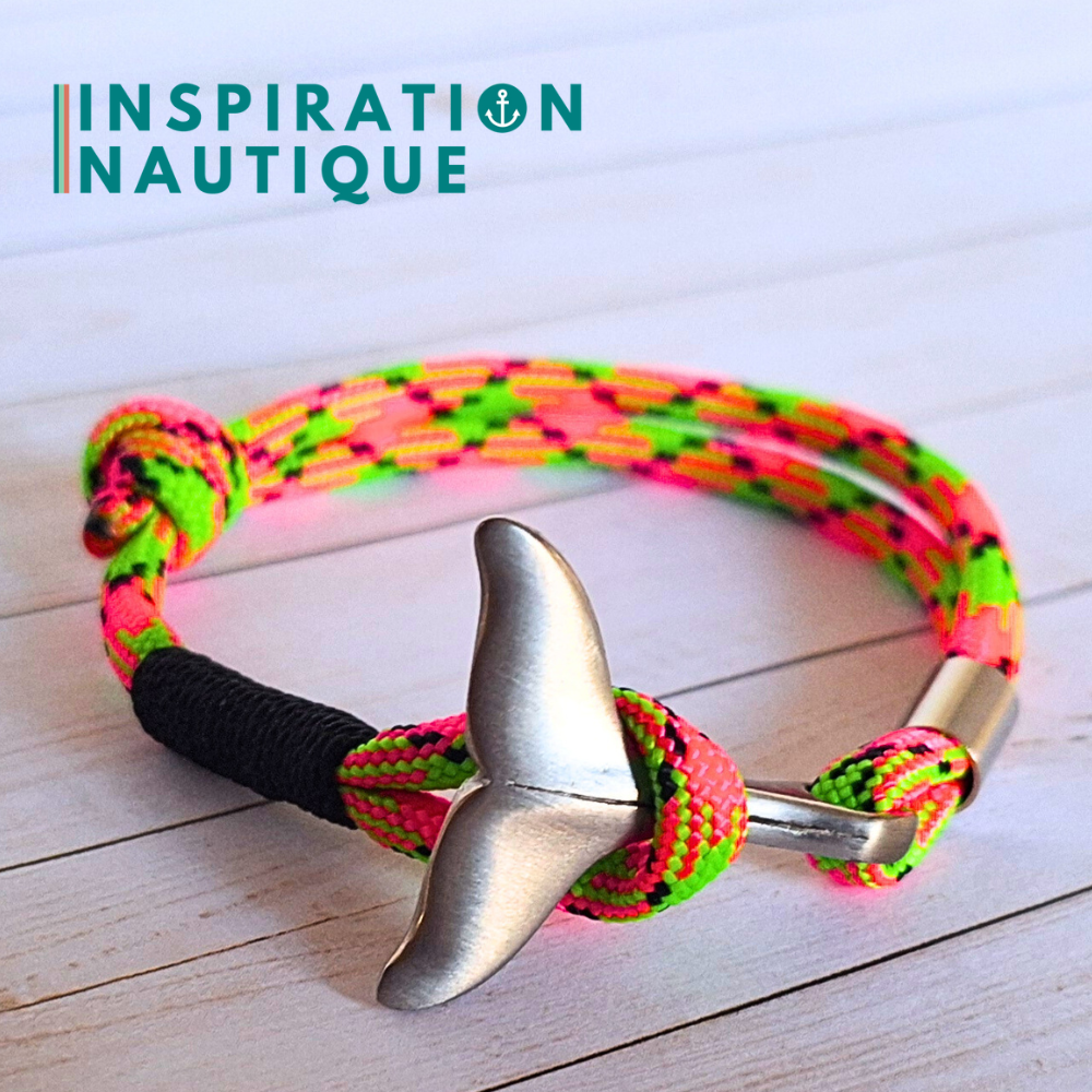 Bracelet marin avec queue de baleine en paracorde 550 et acier inoxydable, ajustable, Melon d'eau, surliure noire, Medium