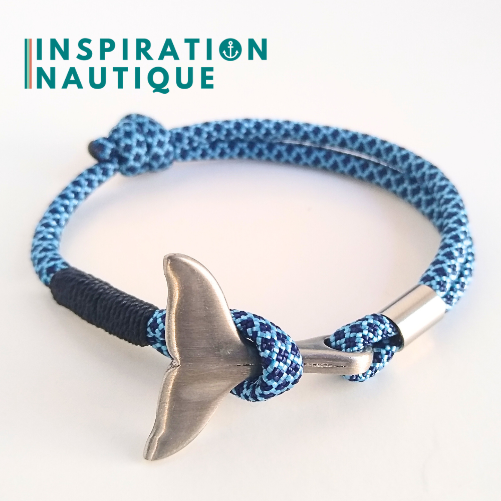 Bracelet marin avec queue de baleine en paracorde 550 et acier inoxydable, ajustable,  Bleu pâle et marine, diamants