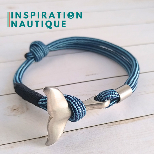 Bracelet marin avec queue de baleine en paracorde 550 et acier inoxydable, ajustable,  Bleu pâle et marine, ligné