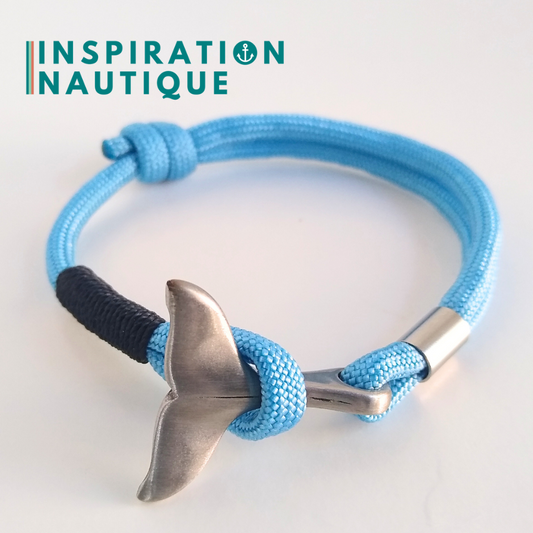 Bracelet marin avec queue de baleine en paracorde 550 et acier inoxydable, ajustable,  Bleu pâle, surliure marine, Medium