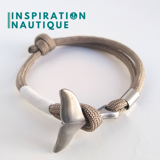 Bracelet marin avec queue de baleine en paracorde 550 et acier inoxydable, ajustable,  Sable, surliure blanche, Medium