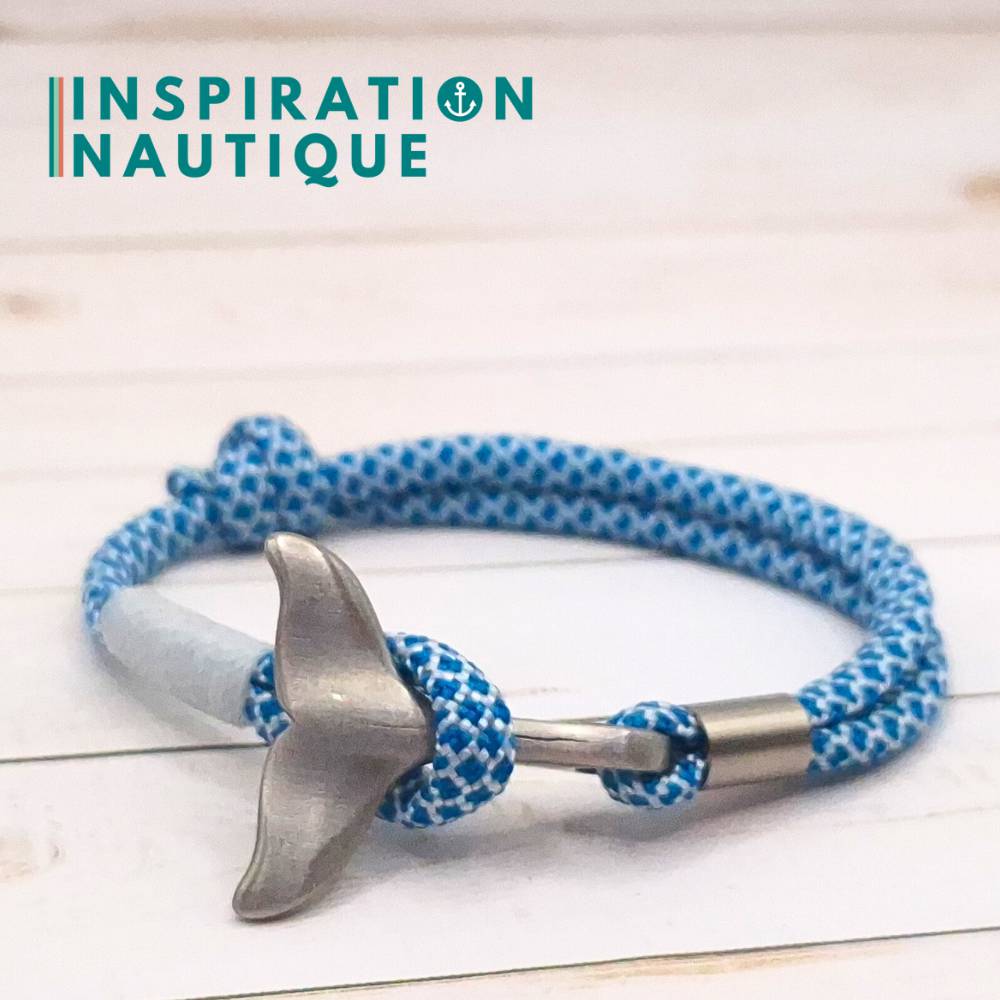 Bracelet marin avec queue de baleine en paracorde 550 et acier inoxydable, ajustable, Bleu caraïbes et blanc diamants