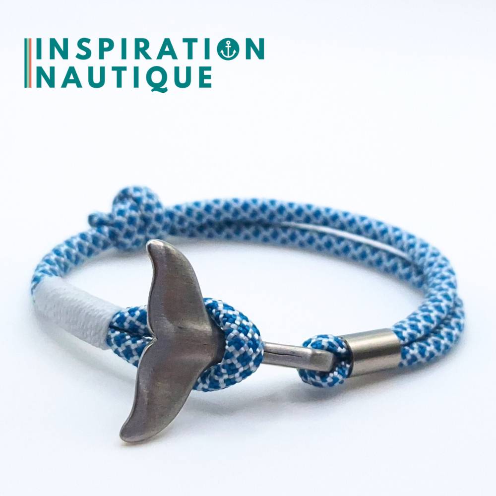 Bracelet marin avec queue de baleine en paracorde 550 et acier inoxydable, ajustable, Bleu caraïbes et blanc diamants, Surliure blanche, Medium