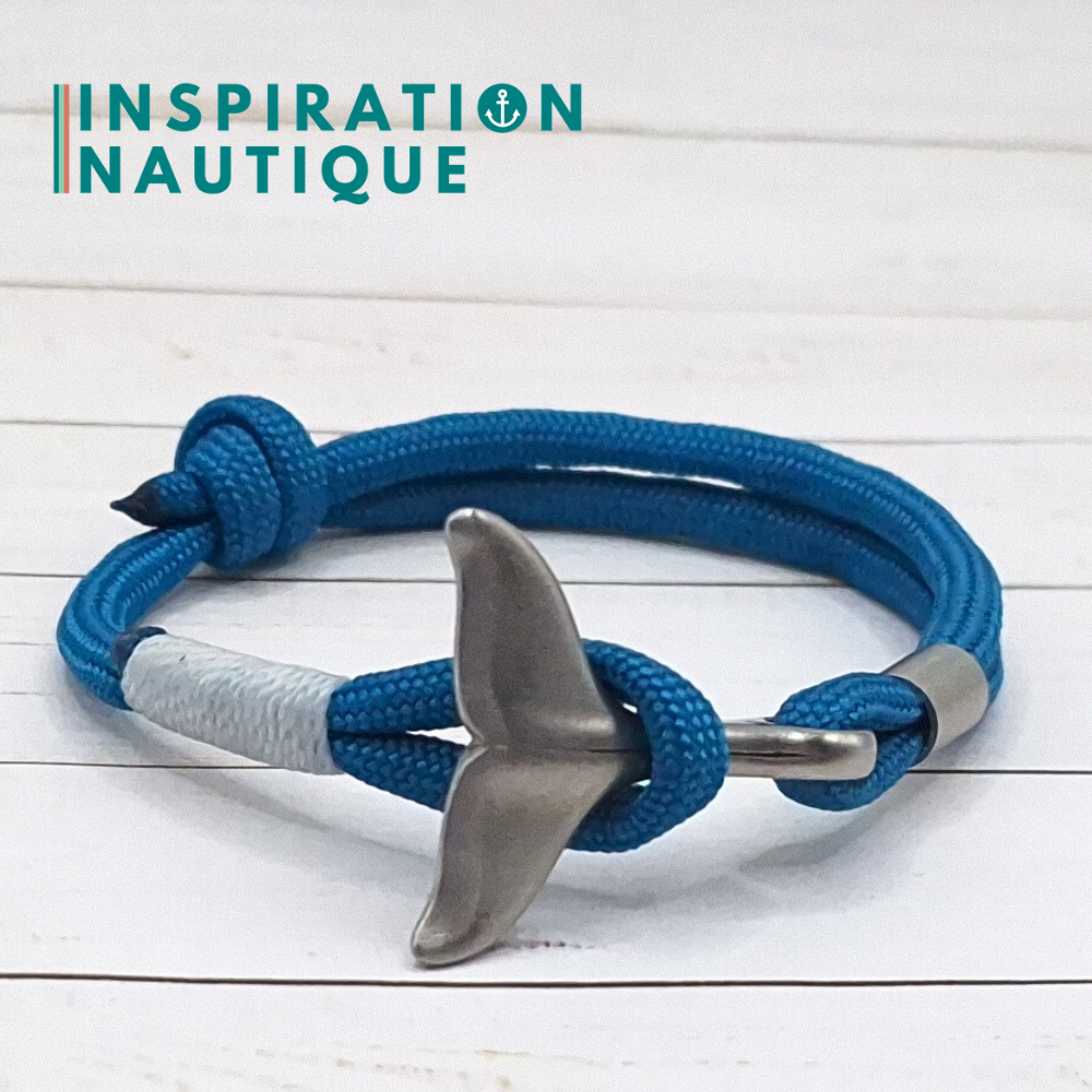 Bracelet marin avec queue de baleine pour femme ou homme en paracorde 550 et acier inoxydable, ajustable, Bleu Caraïbes