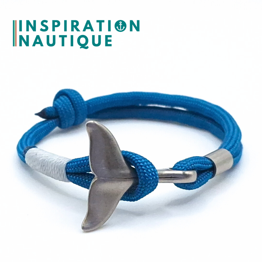 Bracelet marin avec queue de baleine pour femme ou homme en paracorde 550 et acier inoxydable, ajustable, Bleu Caraïbes