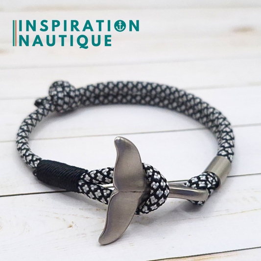 Bracelet marin avec queue de baleine en paracorde 550 et acier inoxydable, ajustable,  Noir et argenté diamants, surliure noire