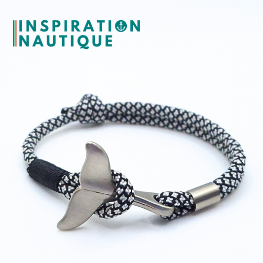 Bracelet marin avec queue de baleine en paracorde 550 et acier inoxydable, ajustable,  Noir et argenté diamants, surliure noire, Medium