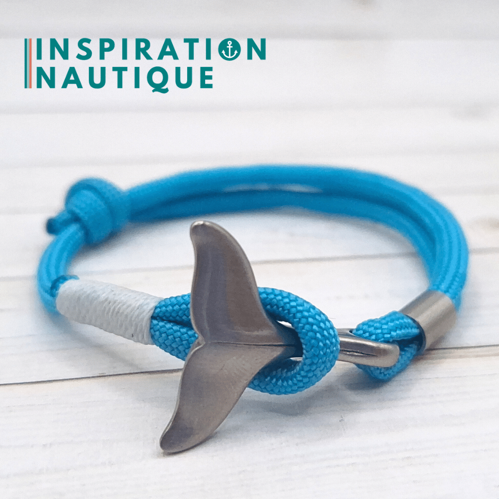 Bracelet marin avec queue de baleine en paracorde 550 et acier inoxydable, ajustable,  Turquoise, surliure blanche, Medium