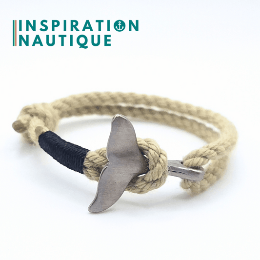 Bracelet marin avec queue de baleine en cordage de bateau vintage et acier inoxydable, ajustable, Naturel, Surliure marine foncée, Medium