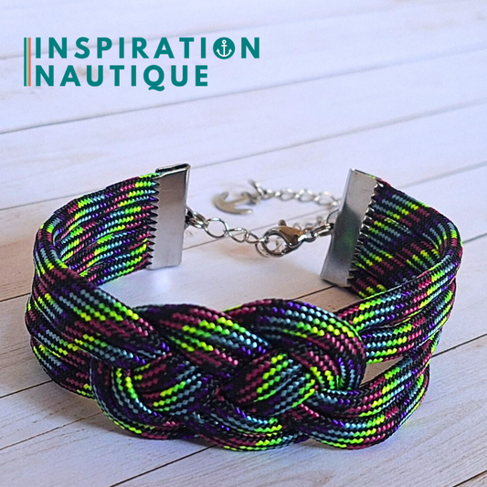 Bracelet marin avec noeud de carrick double, en paracorde 550 et acier inoxydable, Noir et fluo ligné