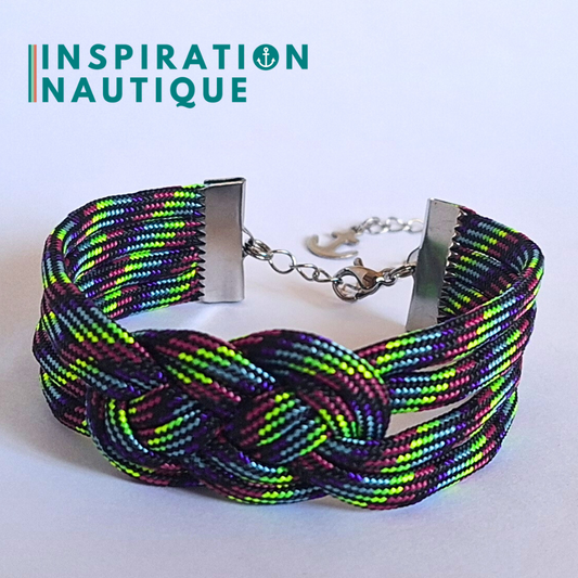 Bracelet marin avec noeud de carrick double, en paracorde 550 et acier inoxydable, Noir et fluo ligné, Medium