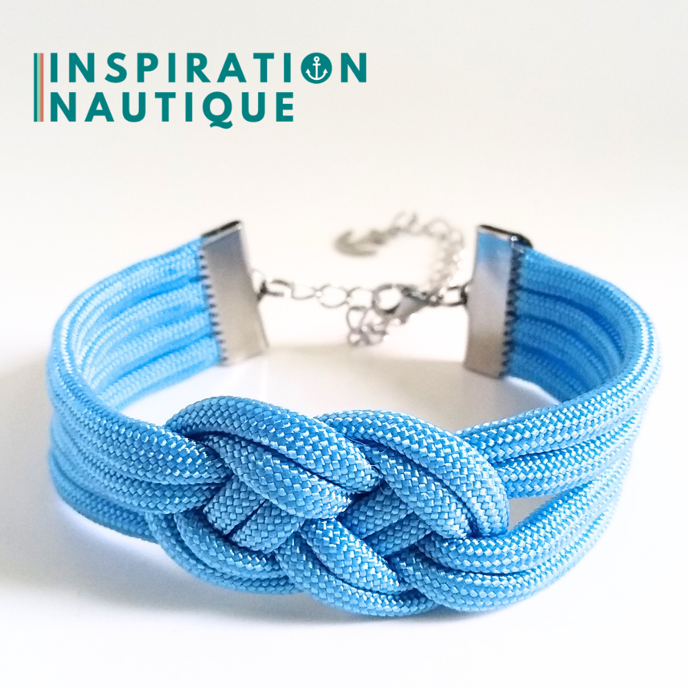 Bracelet marin avec noeud de carrick double unisexe, en paracorde 550 et acier inoxydable, Bleu pâle