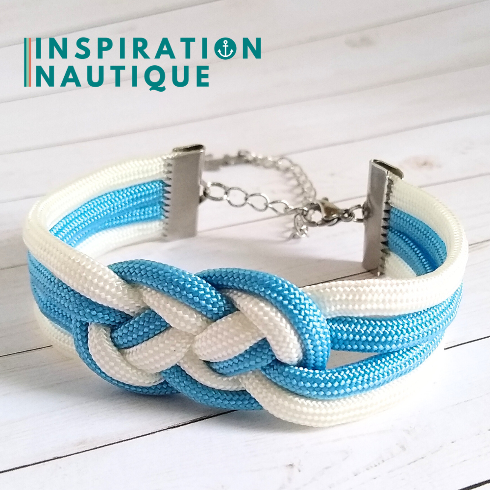 Bracelet marin avec noeud de carrick double unisexe, en paracorde 550 et acier inoxydable, Blanc et bleu pâle, Medium