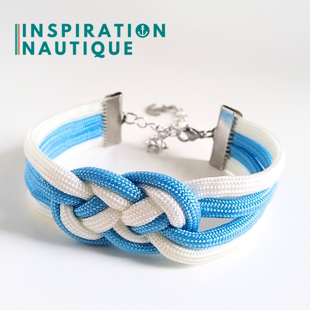 Bracelet marin avec noeud de carrick double unisexe, en paracorde 550 et acier inoxydable, Blanc et bleu pâle, Medium